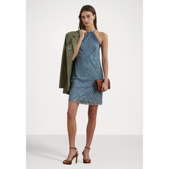 Lauren Ralph Lauren Women's Beaded Mesh Halter PartyCocktail Dress Light Blue 12 - Picture 5 of 13